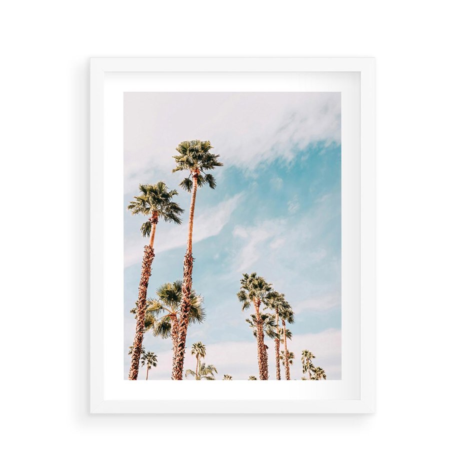 Plakat w ramie 40x50 - Tropikalna Sielskość: Palmy i Błękitne Niebo - palmy na tle błękitnego nieba - rama biała