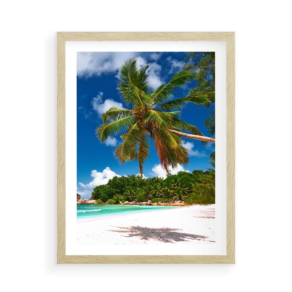 Plakat w ramie 50x70 - Oaza palm na plaży - palma, plaża - rama drewno