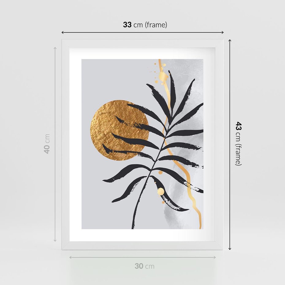 Plakat w ramie 30x40 - Grafika z Czarnym Liściem Palmy - czarny liść palmy, złóte kołó - rama biała