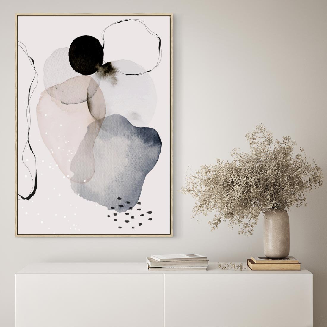 Obraz w ramie 70x100 - Migocące Barwy - abstrakcyjne plamy akwarelowe, czarny szkic - rama drewno