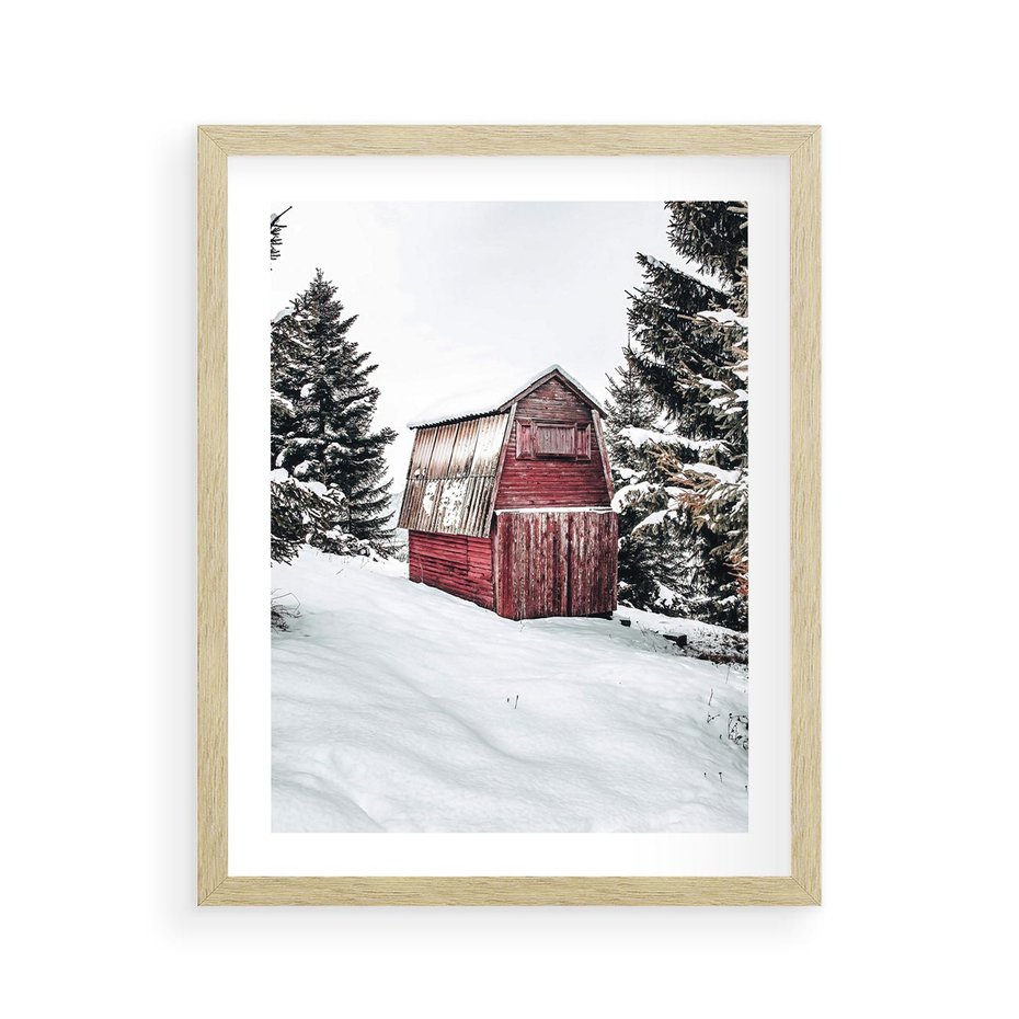 Plakat w ramie 40x50 - Domek w Śnieżnych Górach - domek, góry - rama drewno