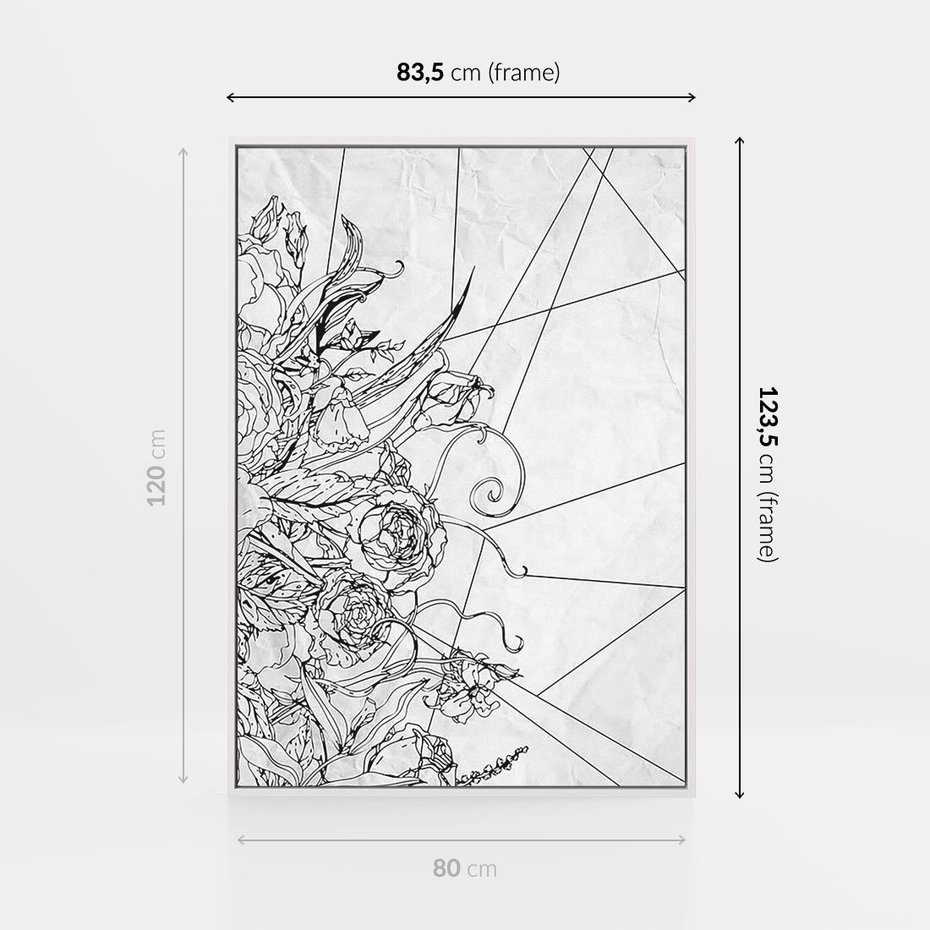 Obraz w ramie 80x120 - Refleksje w martwym punkcie - graficzny szkic, kompozycja kwiatów - rama biała
