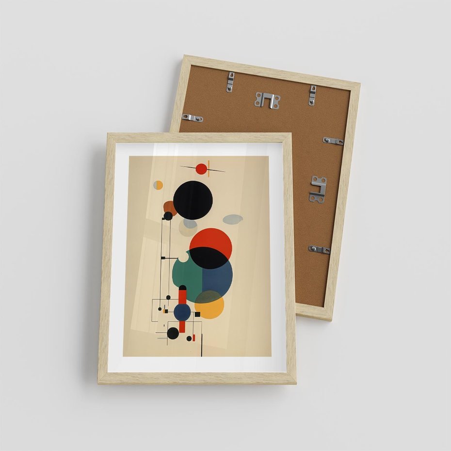 Plakat w ramie 30x40 - Migocące Impresje Odniesień - abstrakcyjna geometryczna kompozycja, koła linie - rama drewno