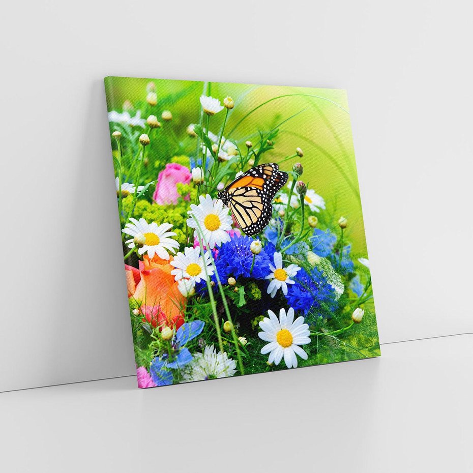 Obraz na płótnie 60x60 - Kwiatowy Taniec - motyl, kwiaty