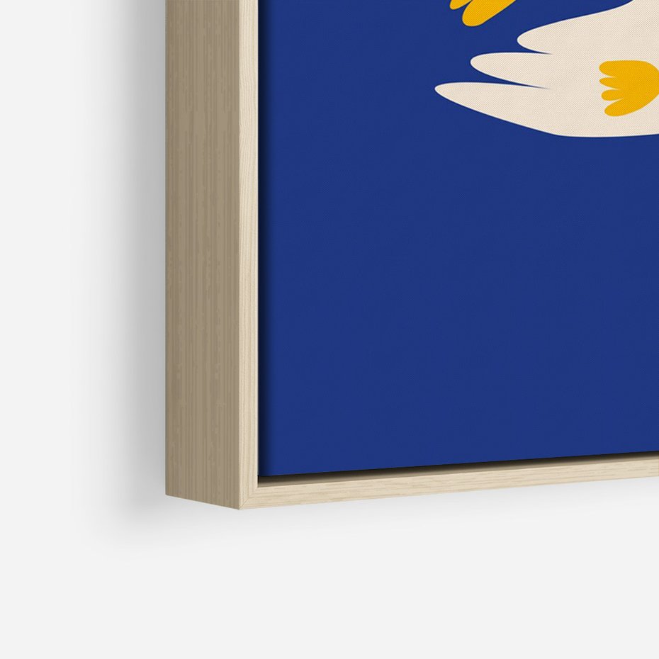 Obraz w ramie 50x70 - Bezgraniczne Widoki - niebieskie tło, abstrakcyjny biały ptak - rama drewno