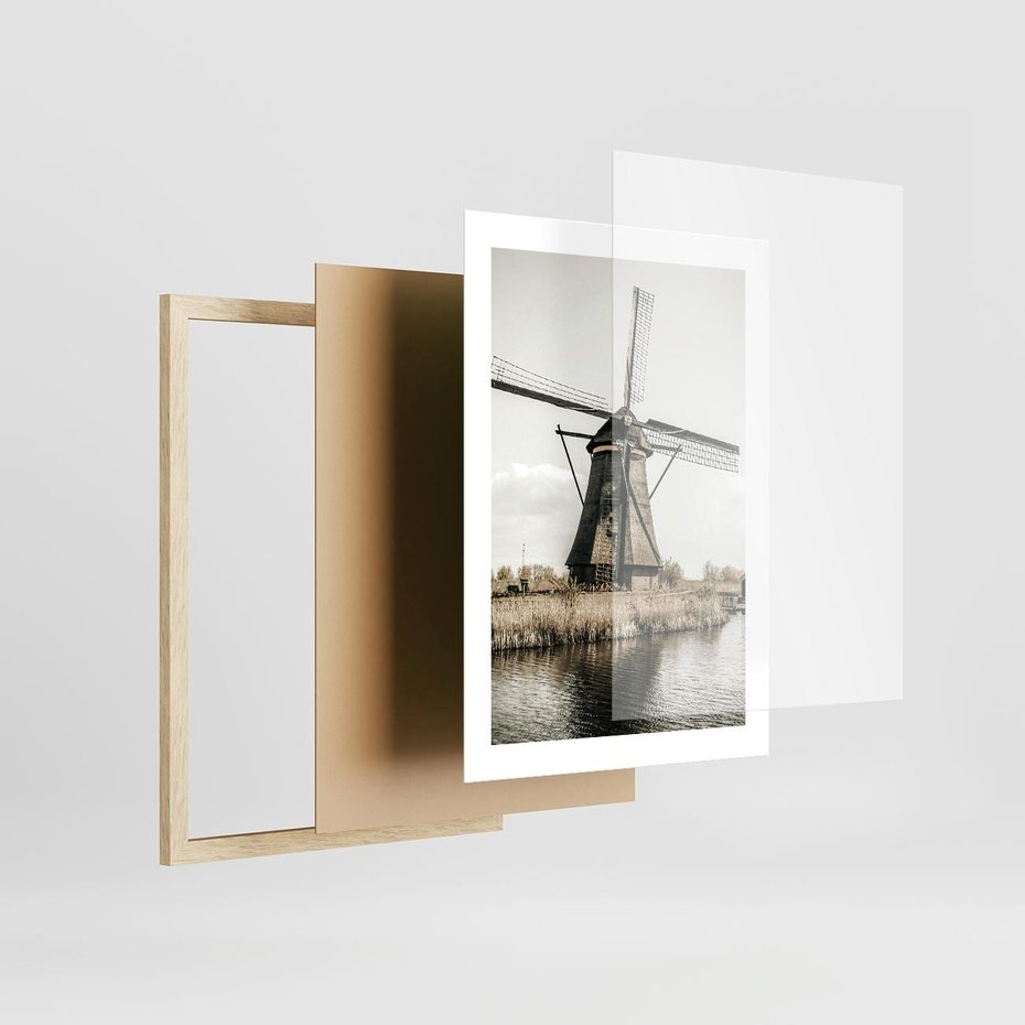 Plakat w ramie 30x40 - Holenderski Wiatrak w Sepii - holenderski wiatrak, młyn - rama drewno