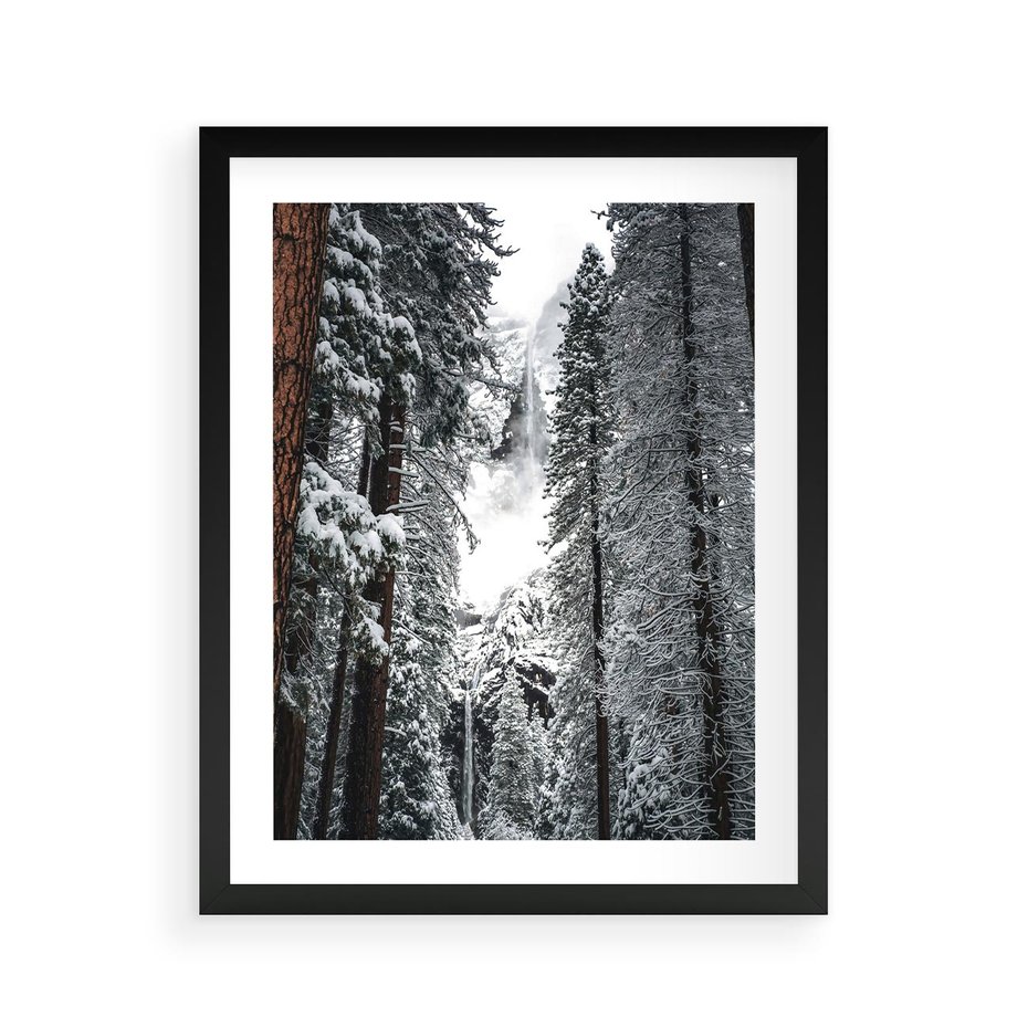 Plakat w ramie 40x50 - Cicha Magia Zimowego Lasu - zimowy las, ośnieżone drzewa - rama czarna