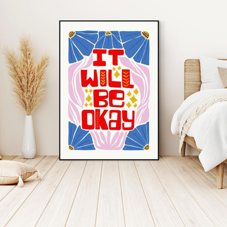 Obraz w ramie 50x70 - Kwiatowa Ekstaza - czerwona pozytywna typografia, kwiatowa kompozycja - rama czarna