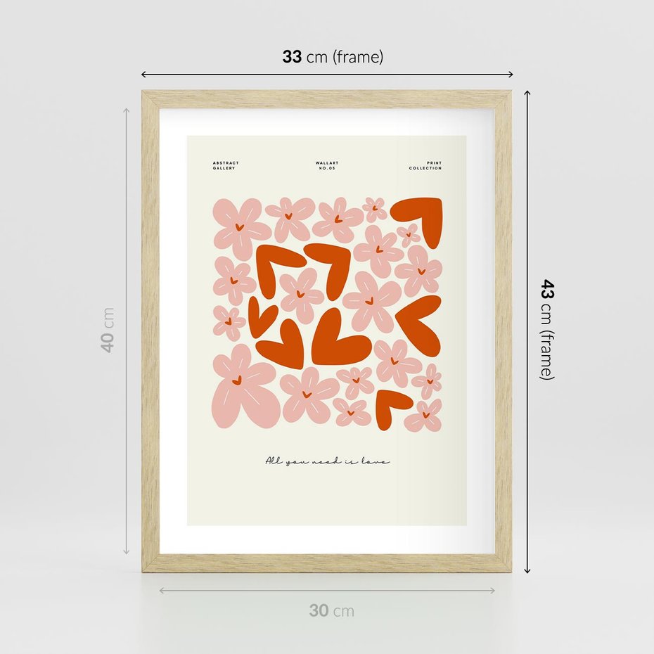 Plakat w ramie 30x40 - Miłość w Kompozycji - grafika, kompozycja kwiaty i serca - rama drewno