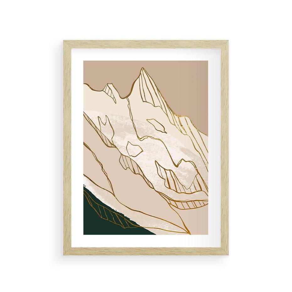 Plakat w ramie 30x40 - Góry w Złocie i Minimalizmie - grafika, złote góry - rama drewno