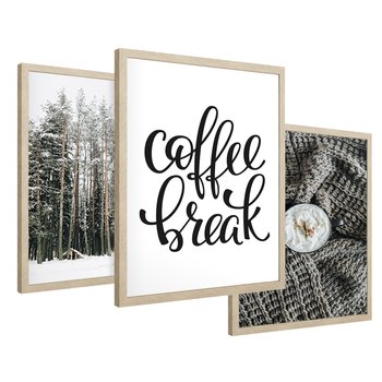 Zestaw obrazy w ramie 40x50 galeria - Kawa, las, zima, przytulnie - rama drewno