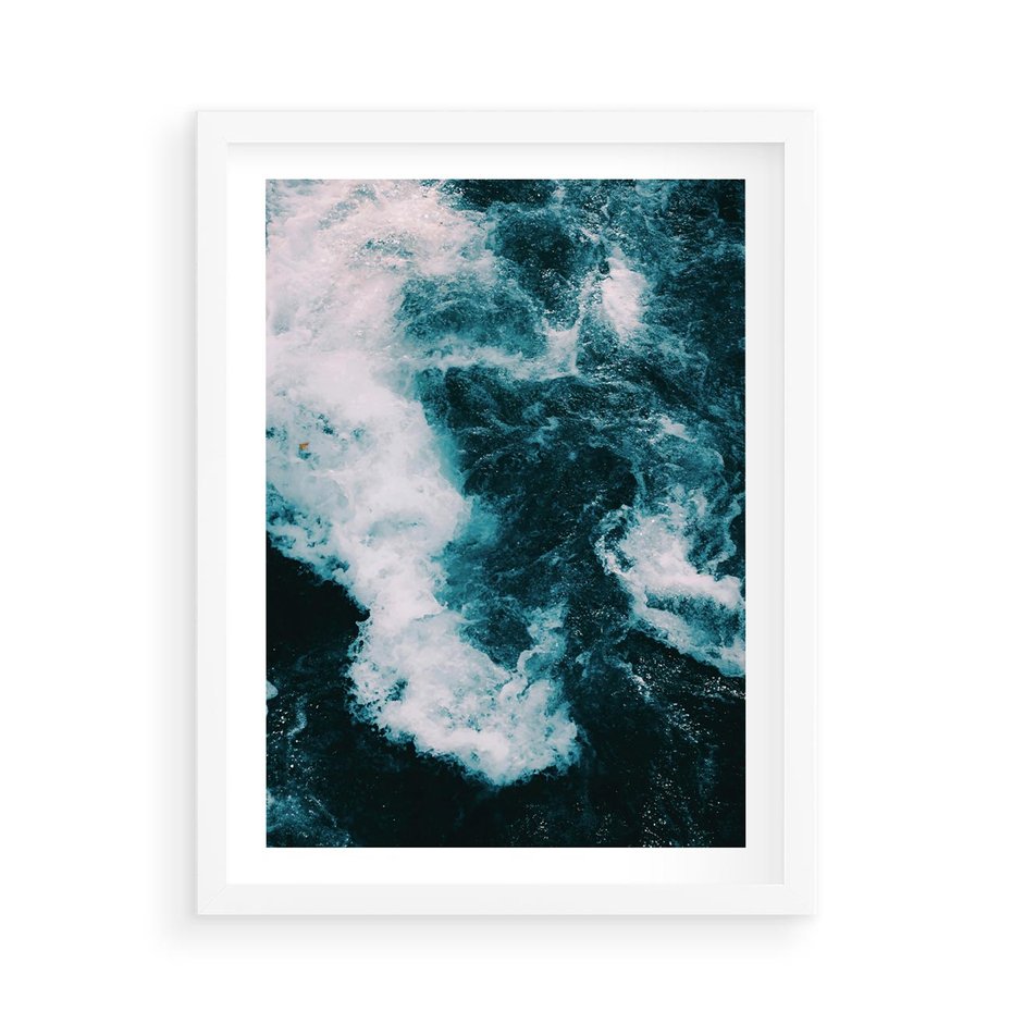Plakat w ramie 50x70 - Fale w Odcieniach Turkusu - ocean, fale - rama biała