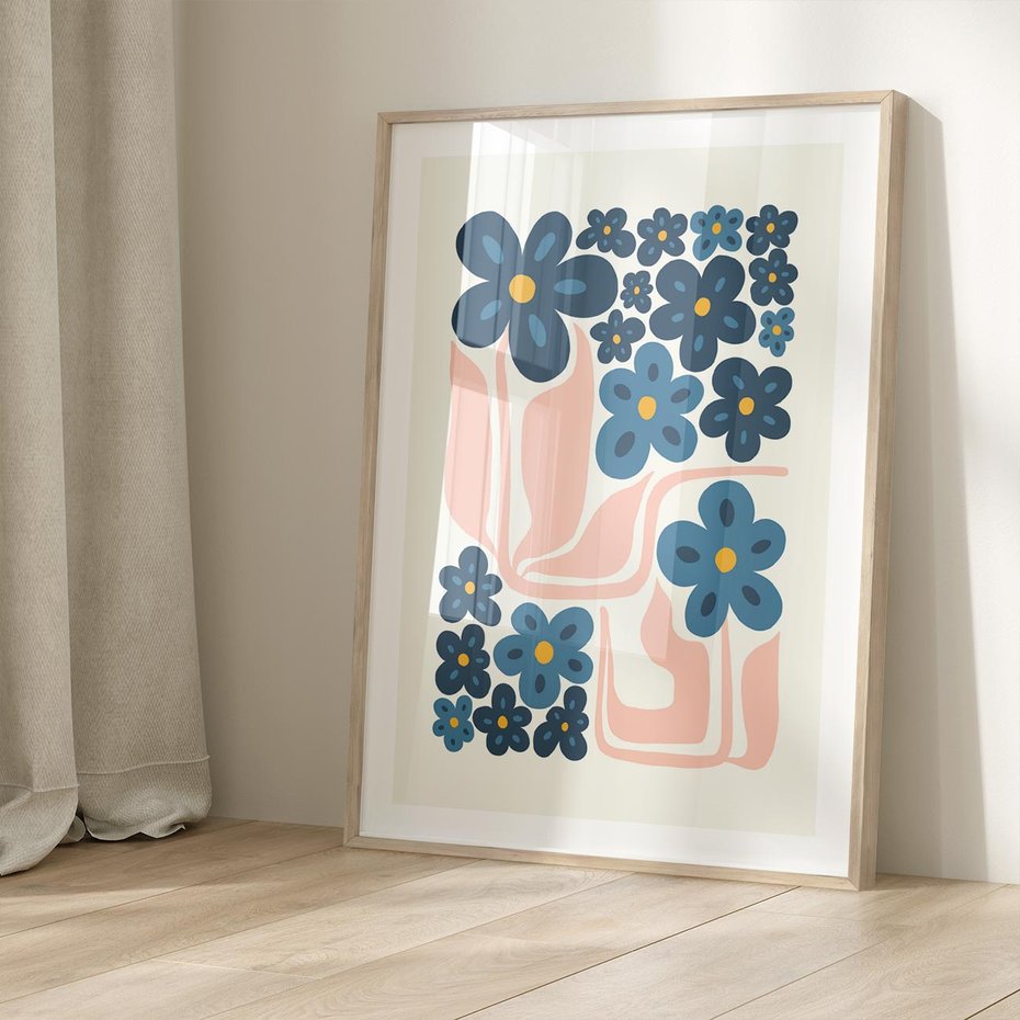 Plakat w ramie 40x50 - Niebieskie Refleksje - niebieskie kwiaty, niezapominajki - rama drewno