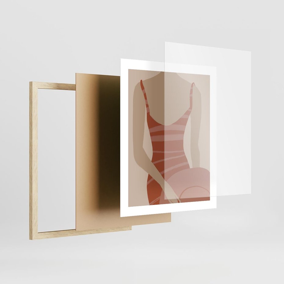 Plakat w ramie 40x50 - Kobiece Retro - minimalistyczny boho plakat, retro kobieta w stroju kąpielowym - rama drewno