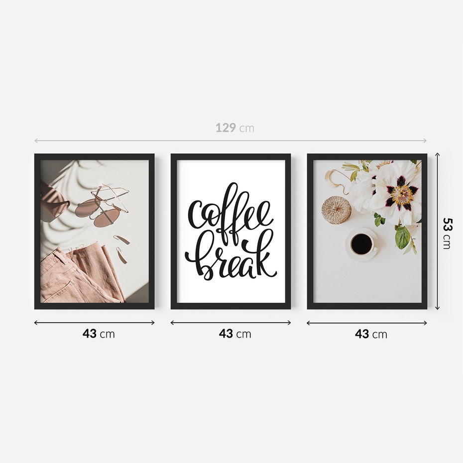 Zestaw obrazy w ramie 40x50 galeria - Coffee, break, kawa, napis - rama czarna