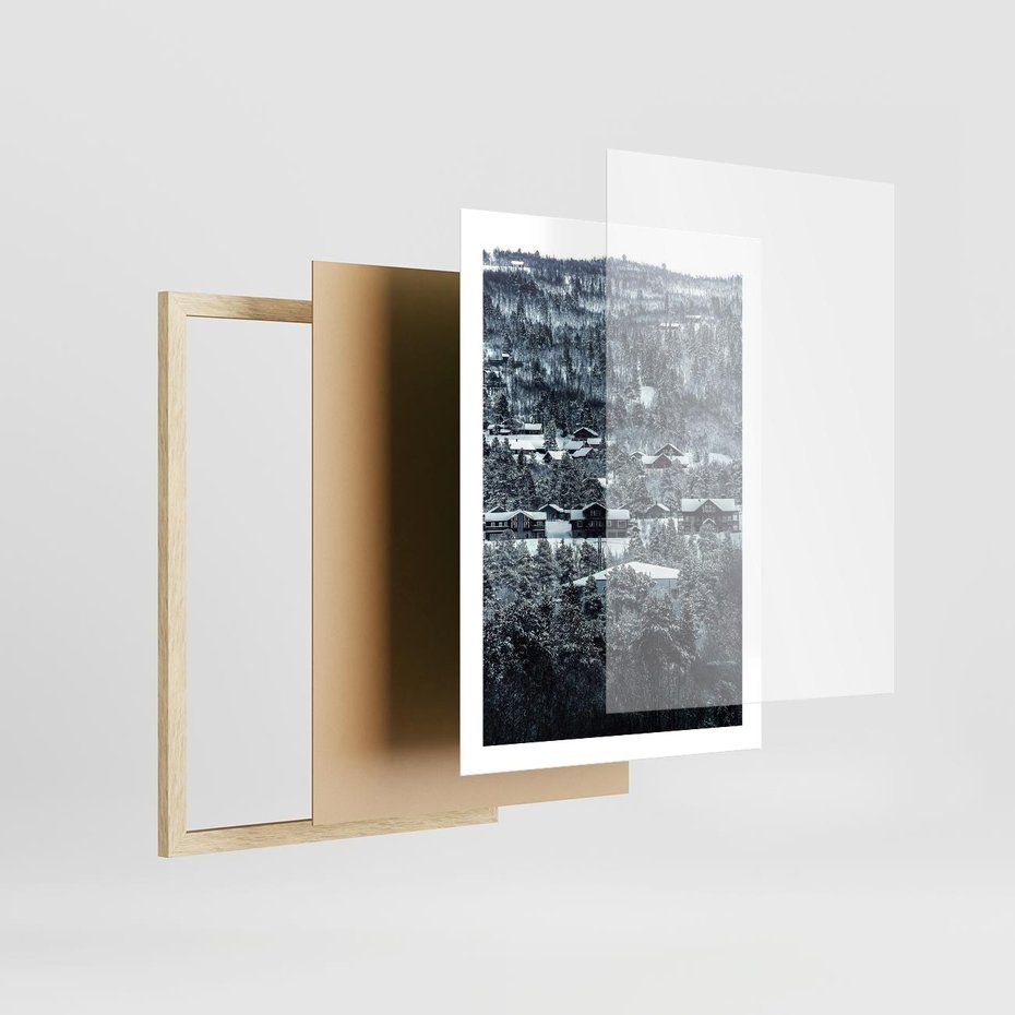 Plakat w ramie 50x70 - Domki w Chmurach - górski zimowy krajobraz, dommki na wzgórzach - rama drewno