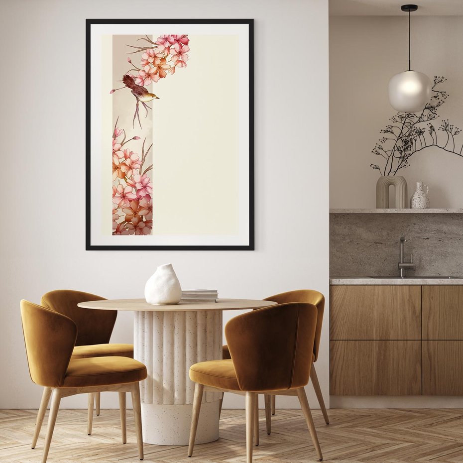 Plakat bez ramy 50x70 - Rozkwitające Marzenia - japońska sztuka, ptak