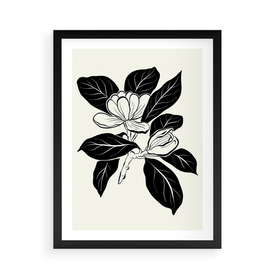 Plakat w ramie 50x70 - Spojrzenie w kształty kwiatów - kwiaty magnolii, minimalizm - rama czarna