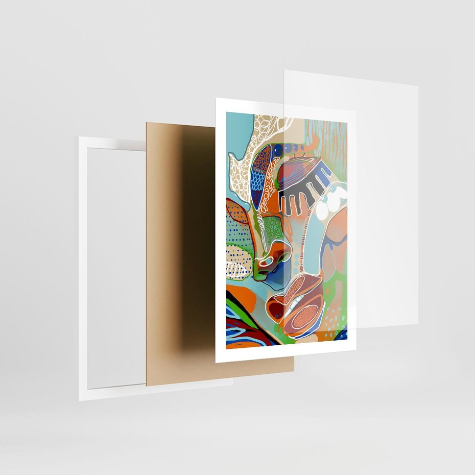 Plakat w ramie 50x70 - Wibracje Kształtów - abstrakcyjny portret kobiety, twarz - rama biała