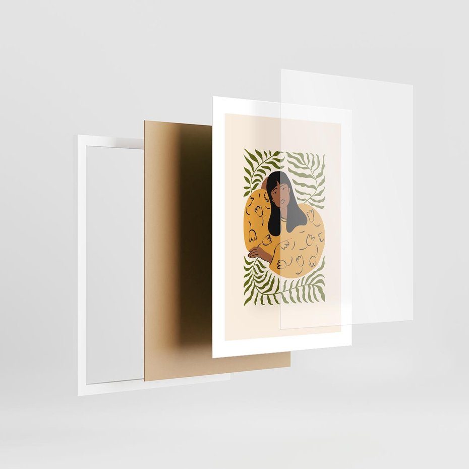 Plakat w ramie 30x40 - Malowane Odbicia Wyobraźni - nowoczesny plakat, kobieta otoczona liśćmi - rama biała