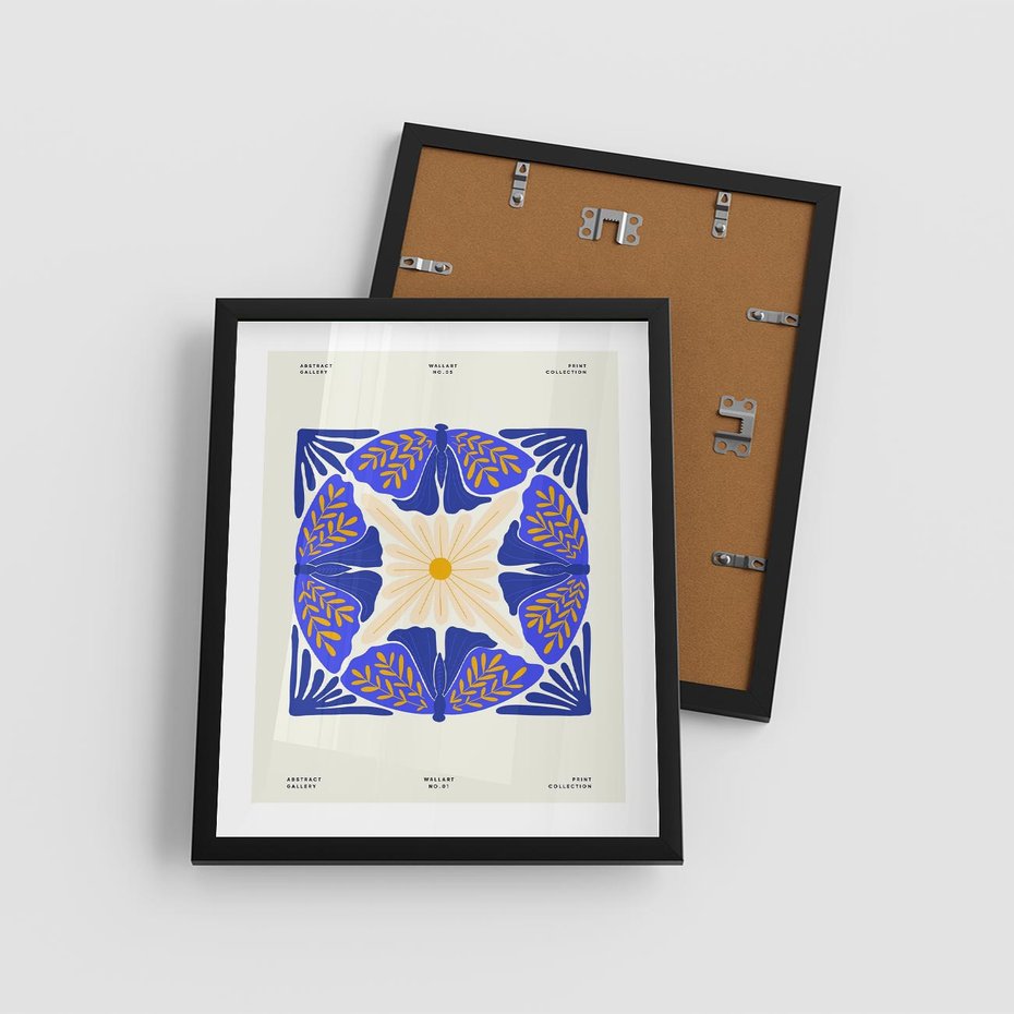 Plakat w ramie 40x50 - Księga Abstrakcji - abstrakcyjna boho kompozycja, granatowe ćmy - rama czarna