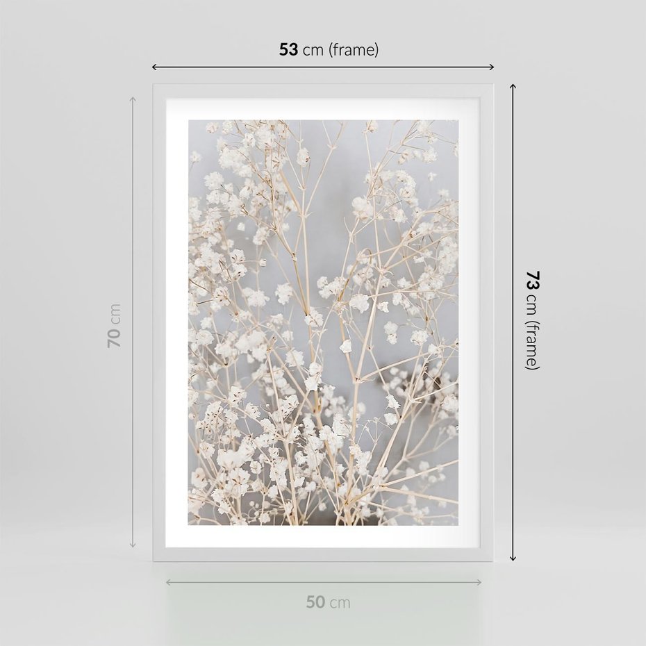 Plakat w ramie 50x70 - Białe Drobne Kwiaty - gipsówka, białe drobne kwiatki - rama biała