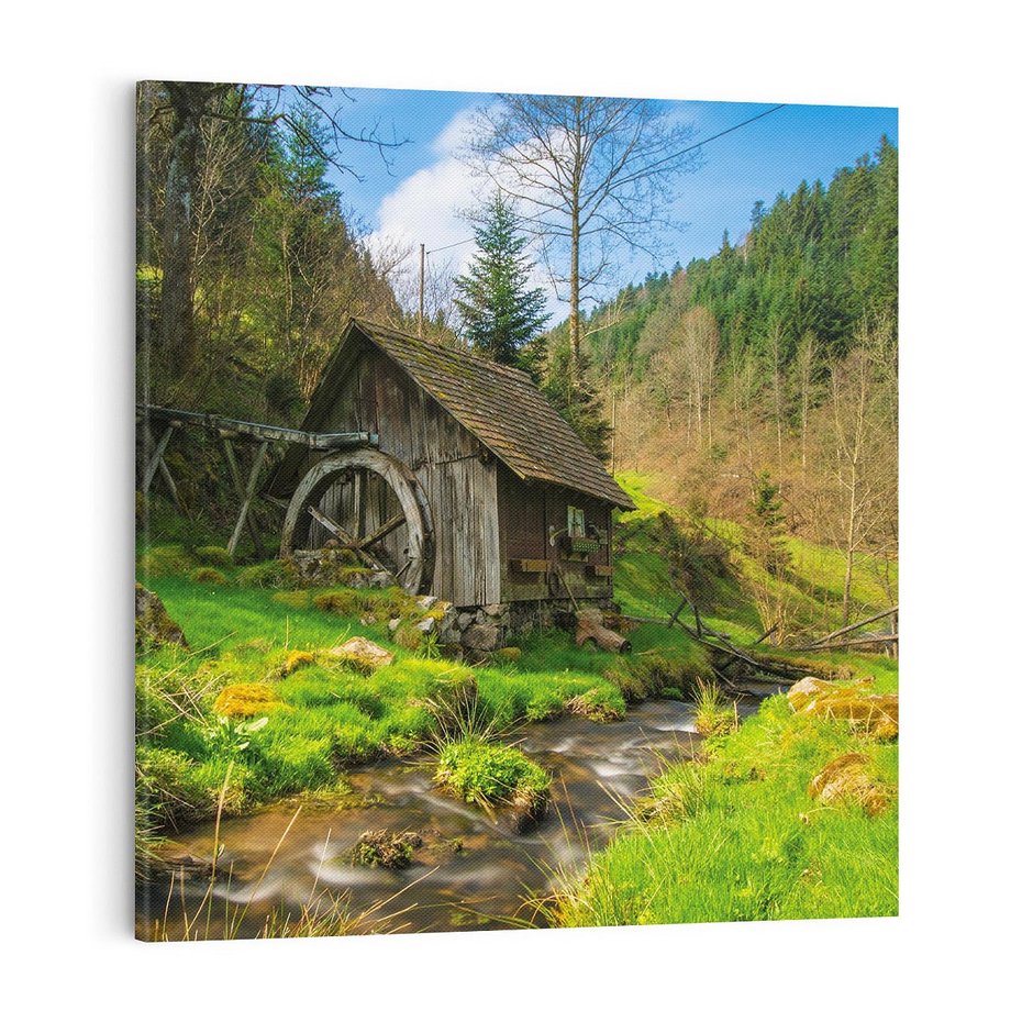 Obraz na płótnie 50x50 - Urok górskiego domku nad strumykiem - domek, góry