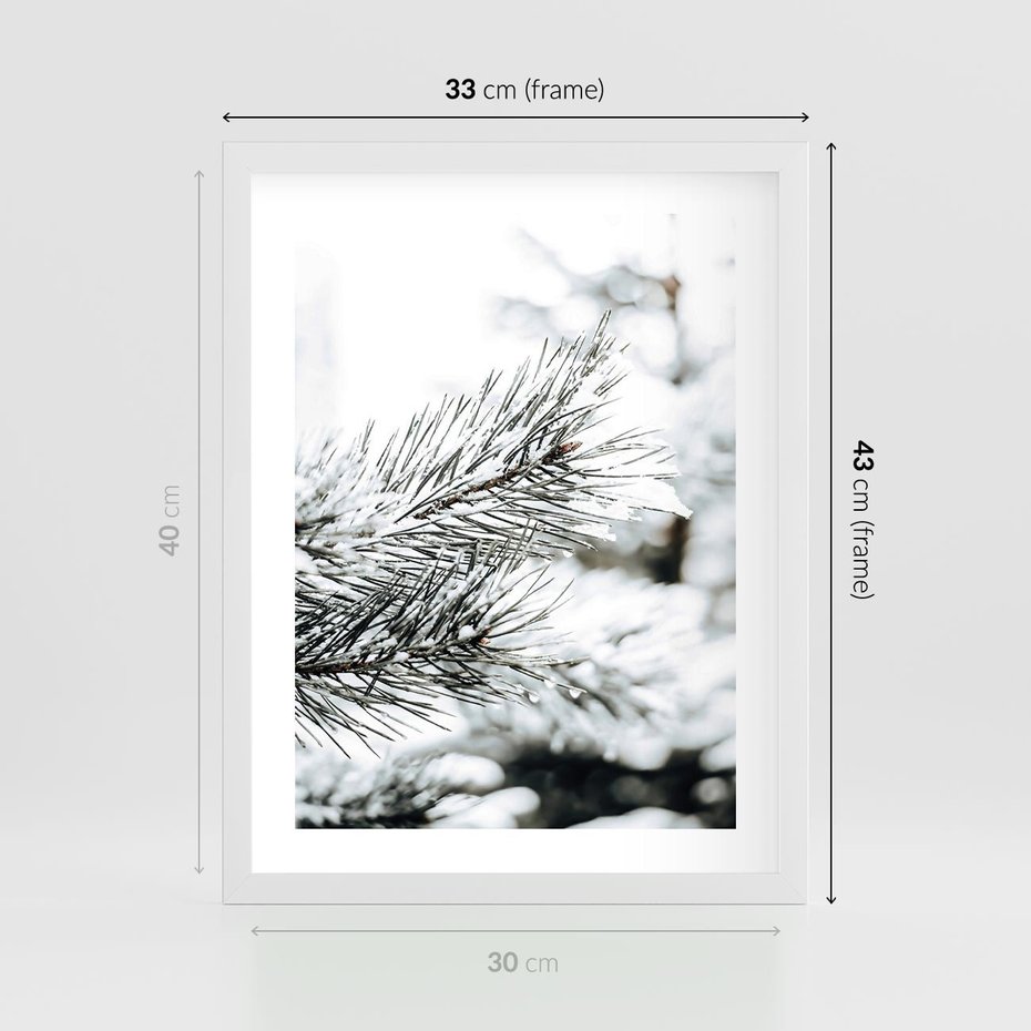 Plakat w ramie 30x40 - Chwila Zimowej Magii - iglasta gałązka, śnieg - rama biała