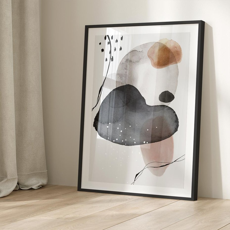 Plakat bez ramy 50x70 - Impresje Harmonii - abstrakcyjne plamy akwarelowe, czarny szkic