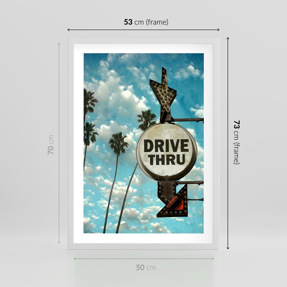 Plakat w ramie 50x70 - Znaki Palm: Relaksująca Oaza - znak, palmy - rama biała