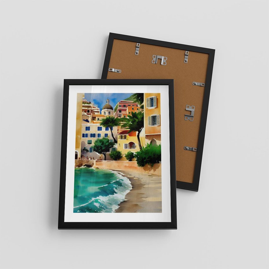 Plakat w ramie 30x40 - Zamieszkajmy Tu - akwarela, śródziemnomorski klimat - rama czarna
