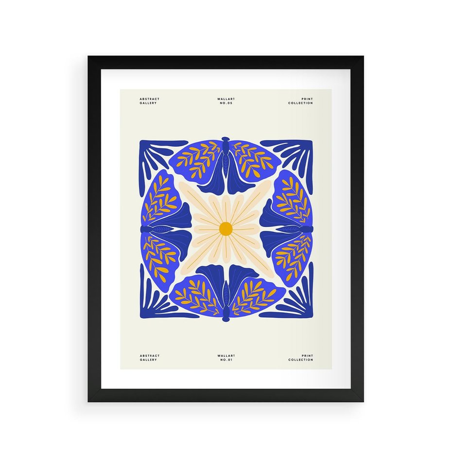 Plakat w ramie 40x50 - Księga Abstrakcji - abstrakcyjna boho kompozycja, granatowe ćmy - rama czarna