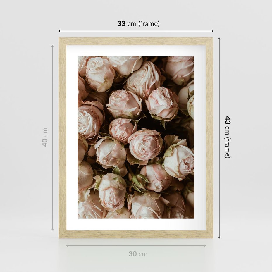 Plakat w ramie 30x40 - Róże i Różowe Kwiaty w Kompozycji - róże, różowe kwiaty - rama drewno