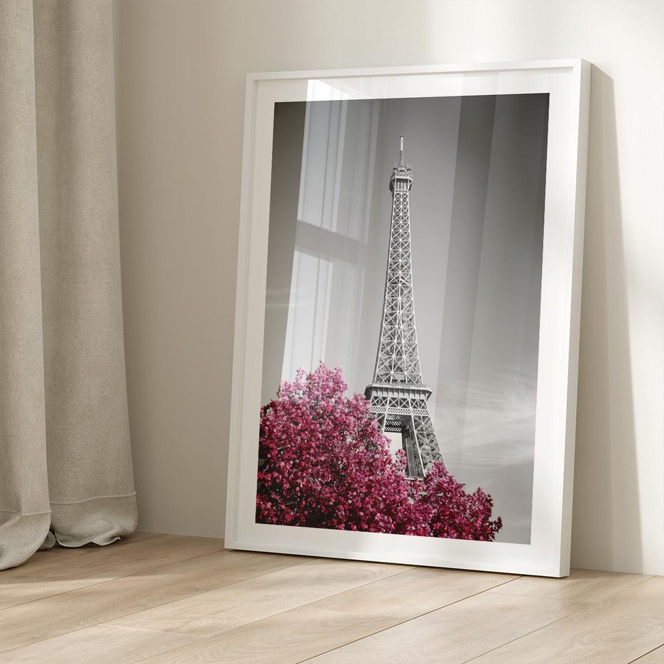 Plakat bez ramy 21x30 - Różowy Paryż - czarno białe zdjęcie, wieża eiffla