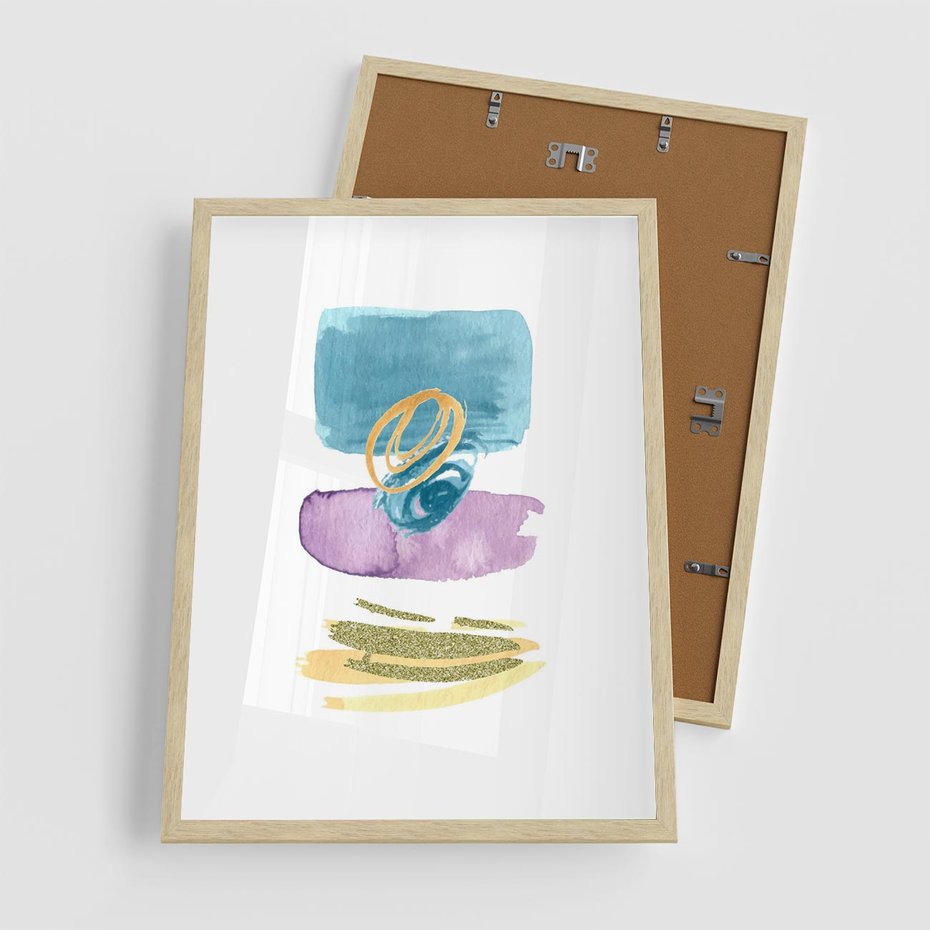Plakat w ramie 50x70 - Taniec Akwarelowych Kresek - akwarelowe plamy w odcieniach błękitu, złote kreski - rama drewno