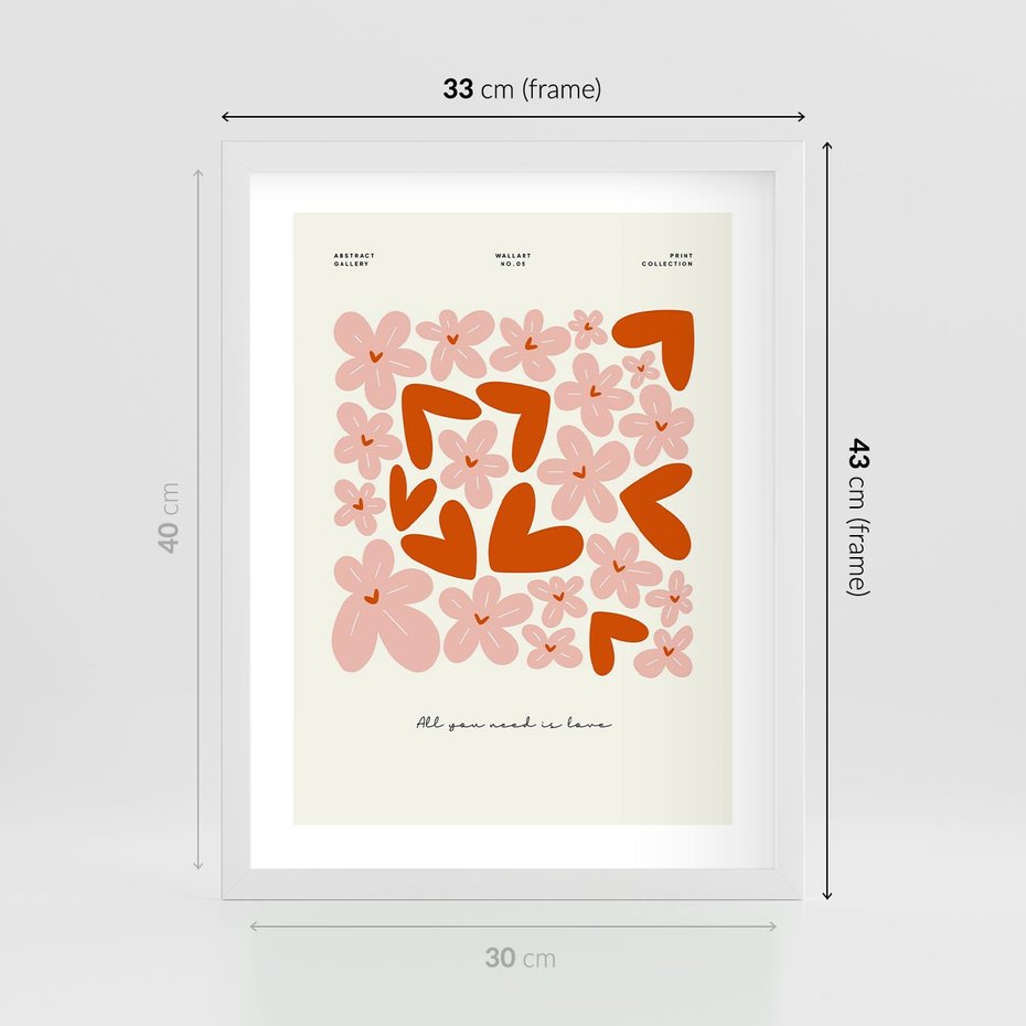 Plakat w ramie 30x40 - Miłość w Kompozycji - grafika, kompozycja kwiaty i serca - rama biała