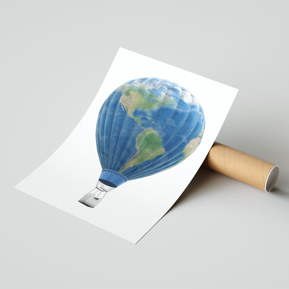 Plakat bez ramy 21x30 - Podróżniczy balon nad ziemią - balon, ziemia