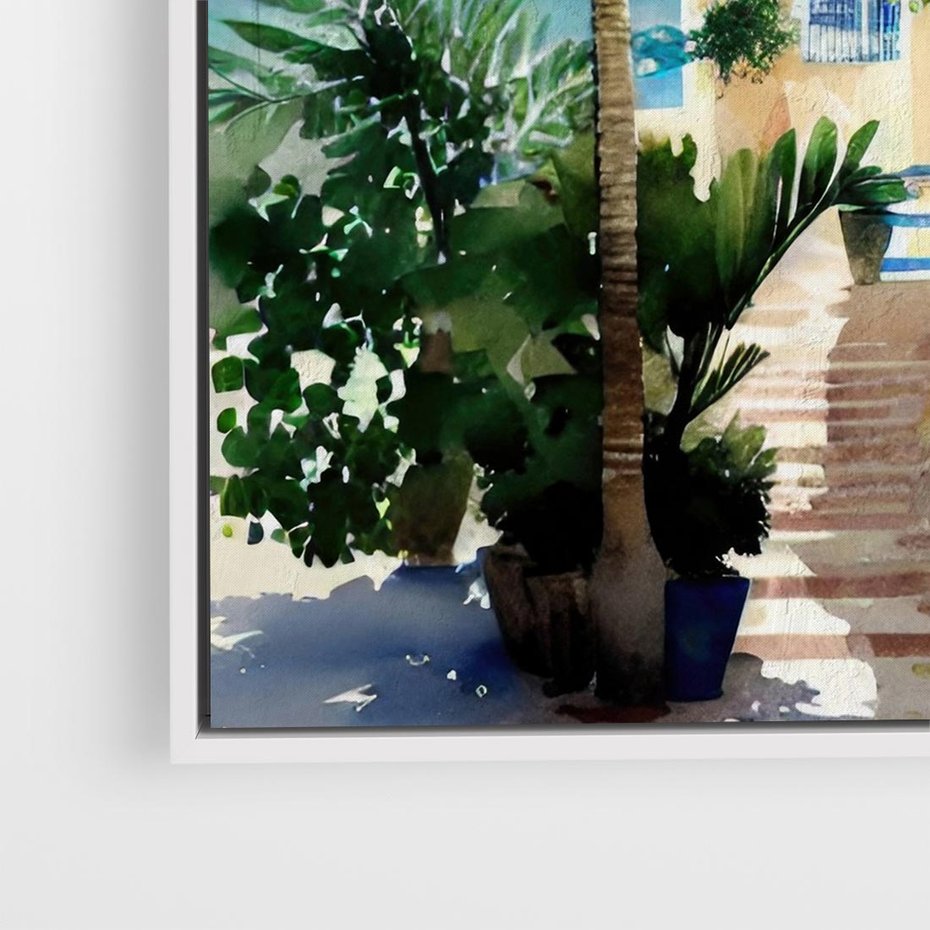 Obraz w ramie 80x80 - Spokój Miasta nad Morzem - akwarela, sródziemnomorski klimat - rama biała