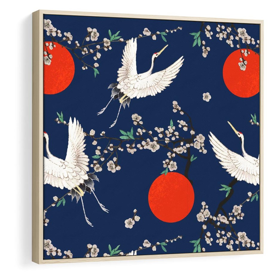 Obraz w ramie 50x50 - Japońskie Żurawie Indygo - sztuka japońska, japonia - rama drewno