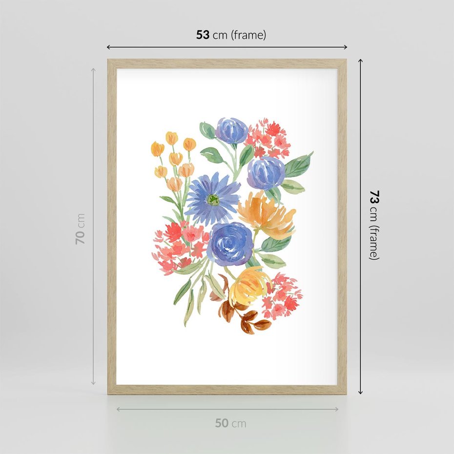 Plakat w ramie 50x70 - Kwiatowe Światło - akwarelowe kwiaty, bukiet - rama drewno