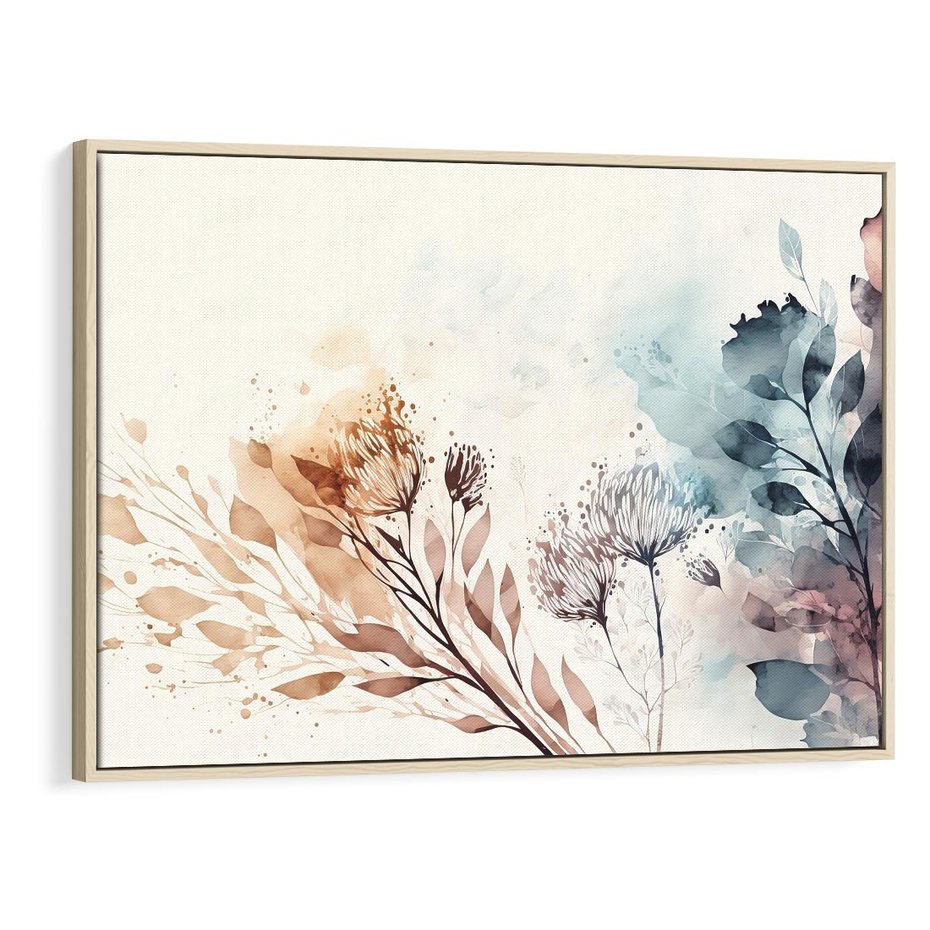 Obraz w ramie 120x80 - Nostalgiczne tańce pędzla - akwarelowe kwiaty, gałęzie - rama drewno