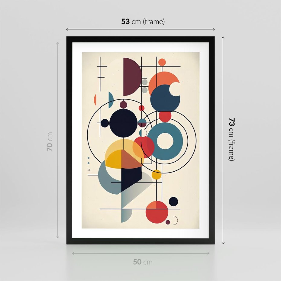 Plakat w ramie 50x70 - Rozbijające Barwne Granice - abstrakcyjna geometryczna kompozycja, koła linie - rama czarna