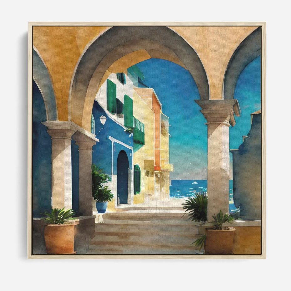 Obraz w ramie 50x50 - Nadmorskie Łuki - akwarela, śródziemnomorski klimat - rama drewno