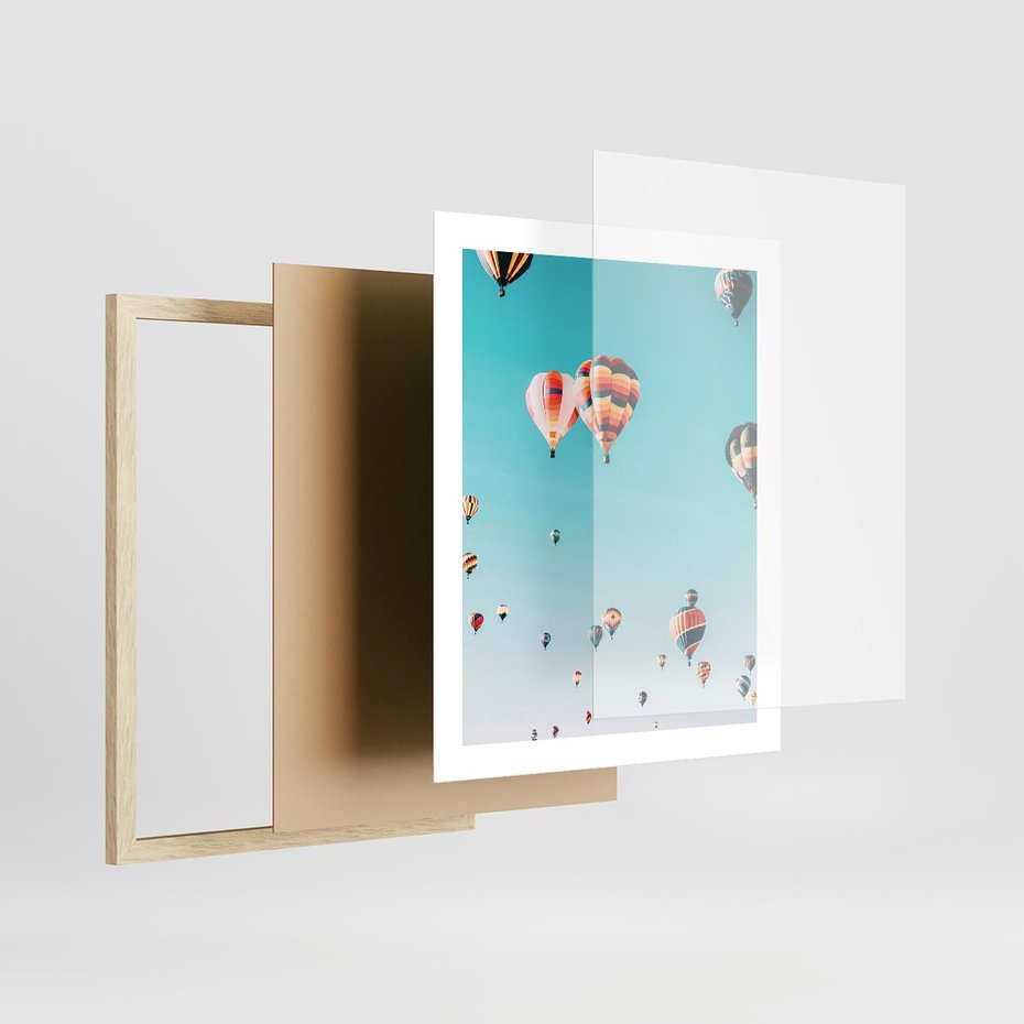 Plakat w ramie 40x50 - Balonowa Ekscytacja - balony latają w powietrzu, wyścigi balonów - rama drewno