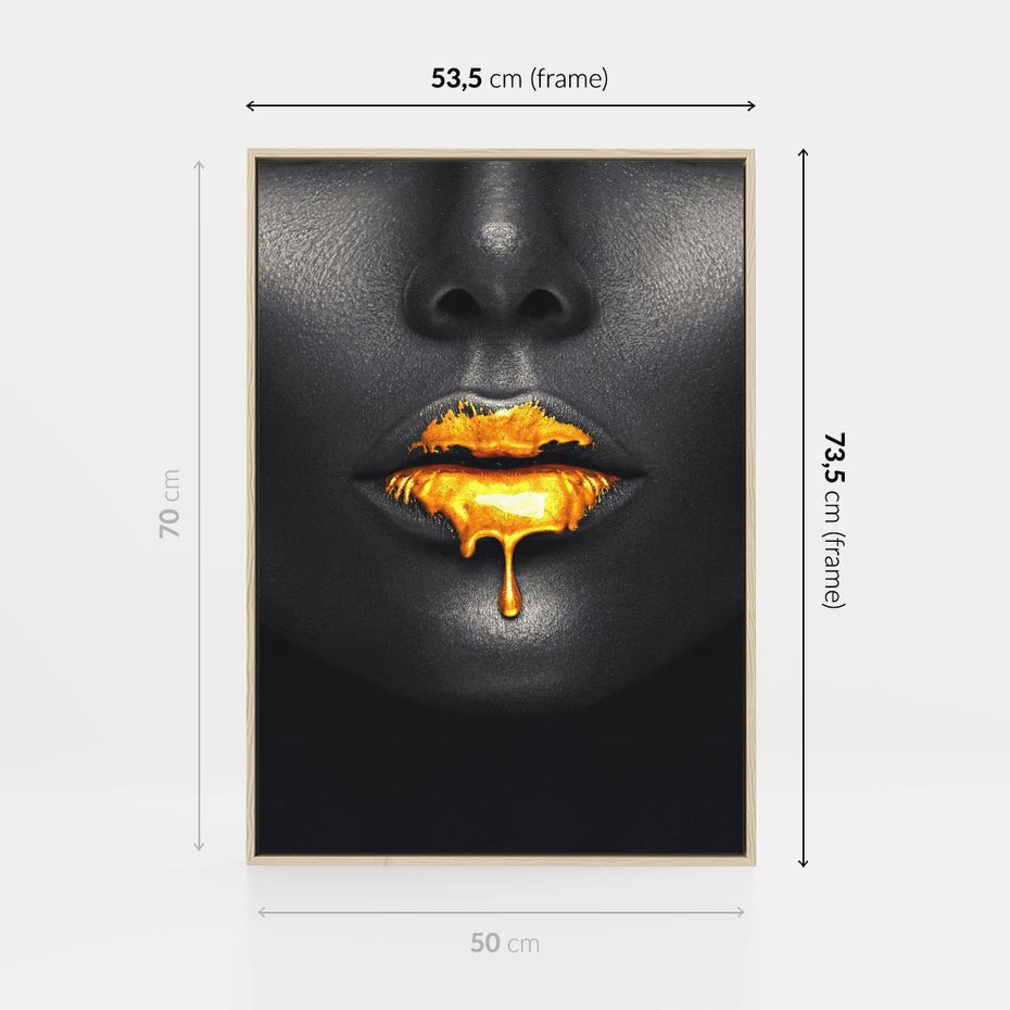 Obraz w ramie 50x70 - Złote Usta Kobiety - złote, usta - rama drewno