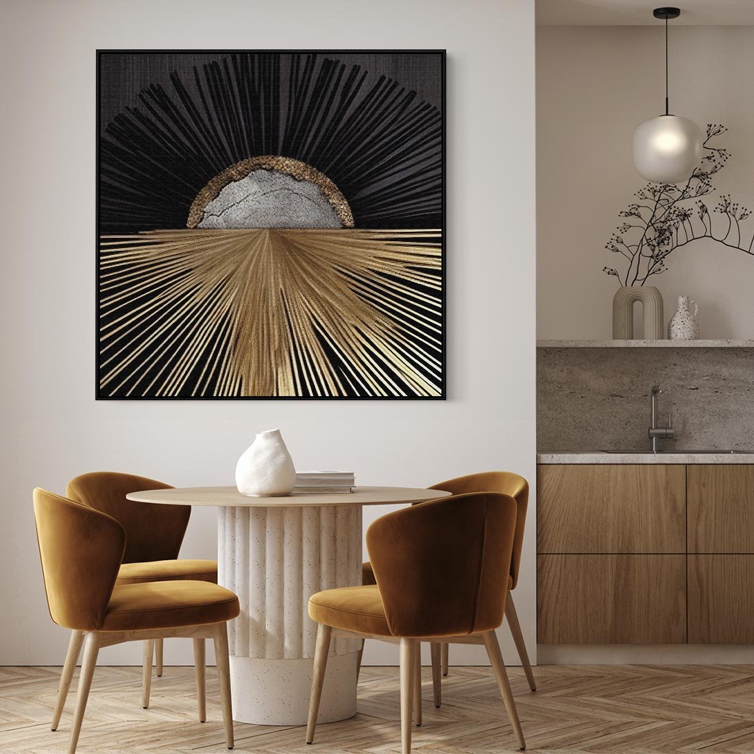 Obraz w ramie 50x50 - Metaliczne Boho Abstrakcje - boho, słońce - rama czarna
