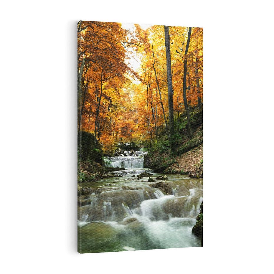 Obraz na płótnie 50x70 - Urok lasu: drzewa i strumyk w harmonii - las, drzewa