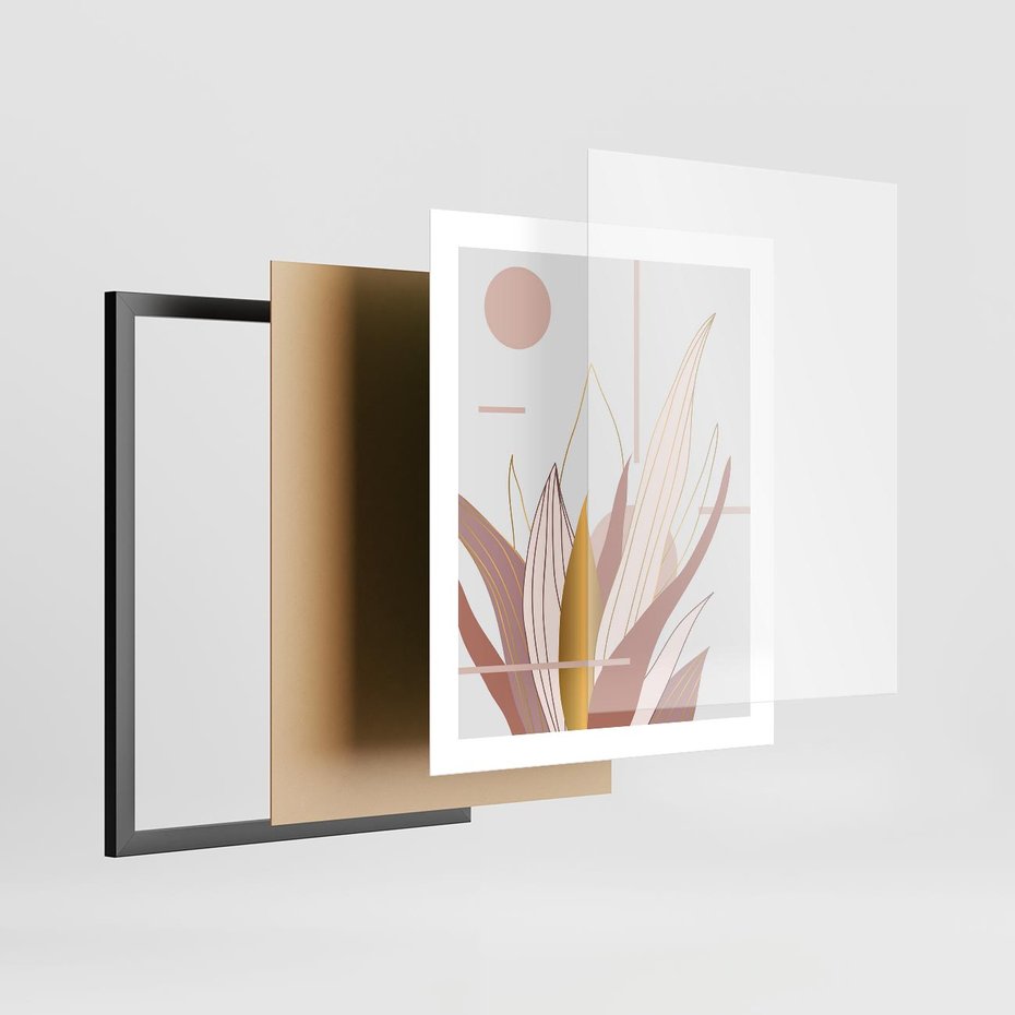 Plakat w ramie 40x50 - Złota Grafika Liści: Wyjątkowa Dekoracja - liście, złoto - rama czarna