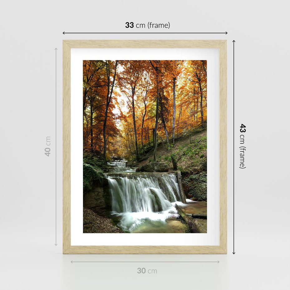 Plakat w ramie 30x40 - Jesienny wodospad w lesie - wodospad, las - rama drewno