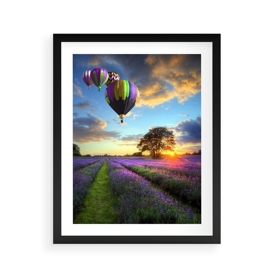 Plakat w ramie 40x50 - Lawendowe Marzenia - lawenda, balony - rama czarna